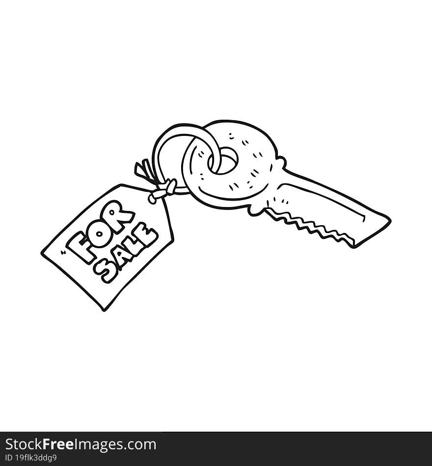 freehand drawn black and white cartoon house key with for sale tag