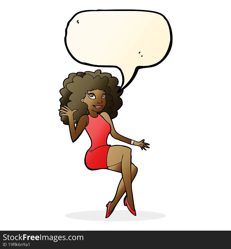 Cartoon Sitting Woman Waving With Speech Bubble