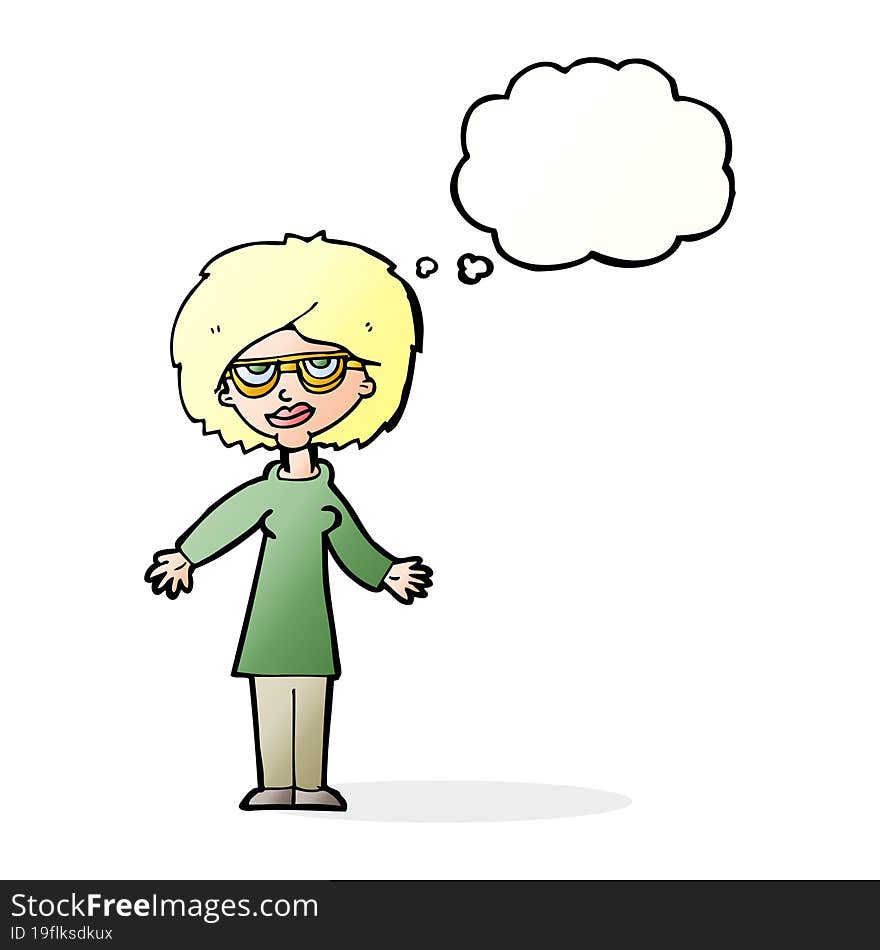 cartoon woman wearing glasses with thought bubble