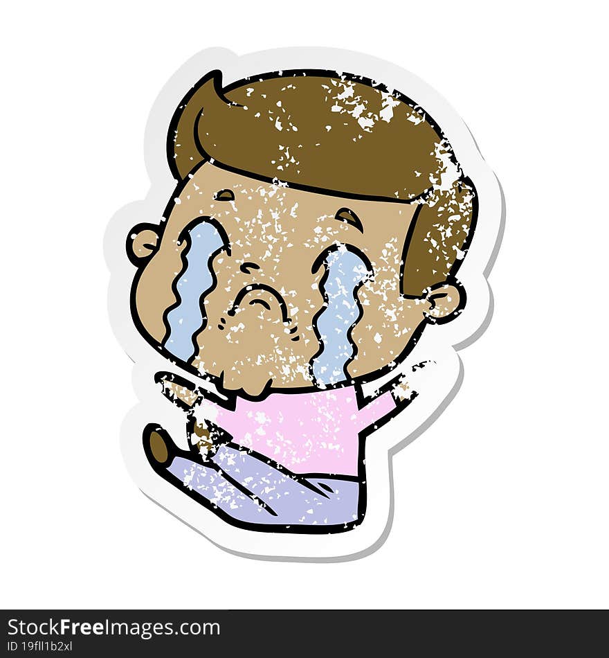 distressed sticker of a cartoon man crying