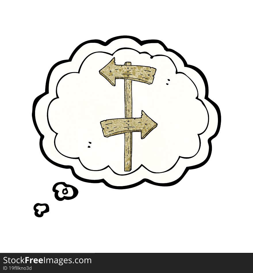 freehand drawn thought bubble textured cartoon wooden direction sign