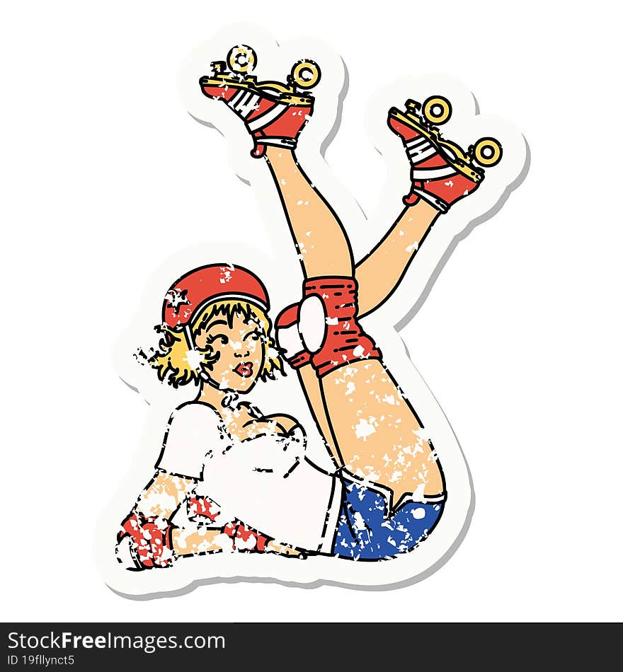 distressed sticker tattoo of a pinup roller derby girl