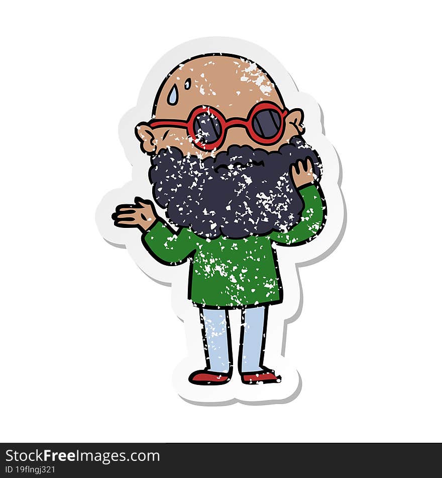 distressed sticker of a cartoon worried man with beard and sunglasses