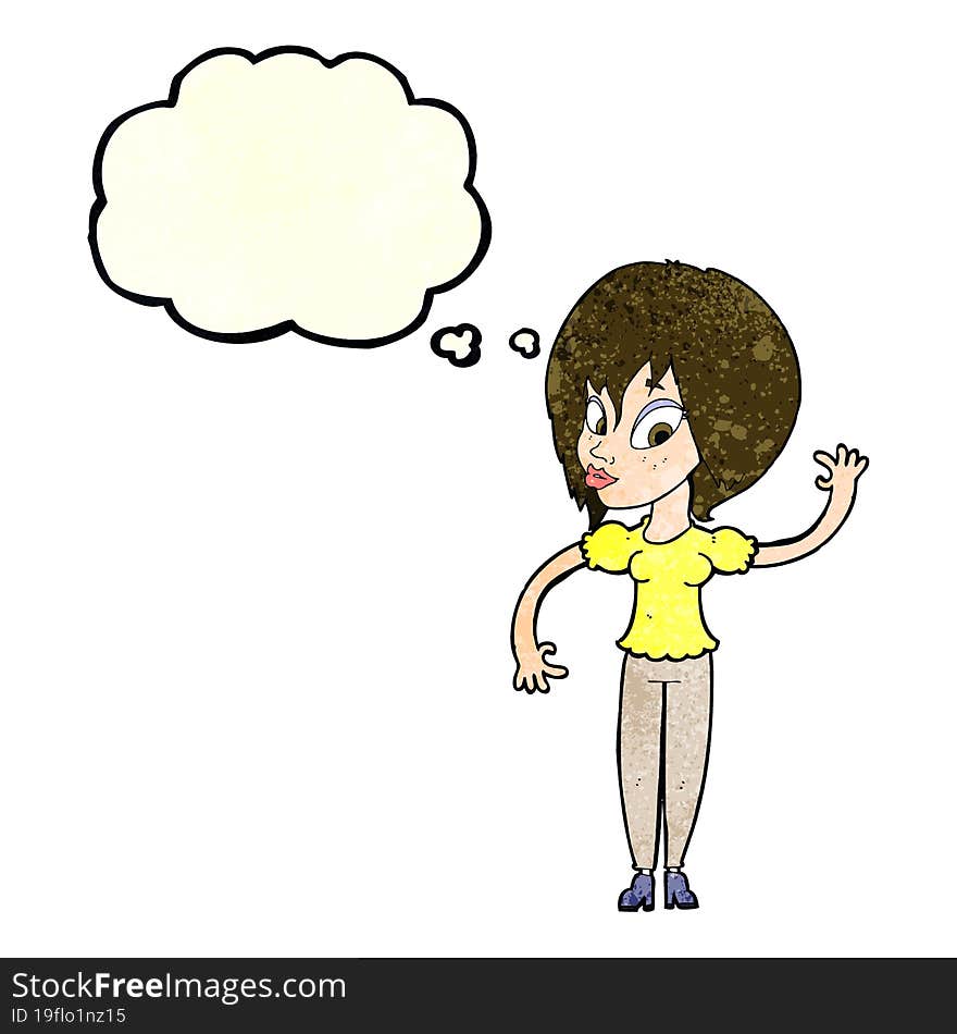 cartoon woman waving with thought bubble