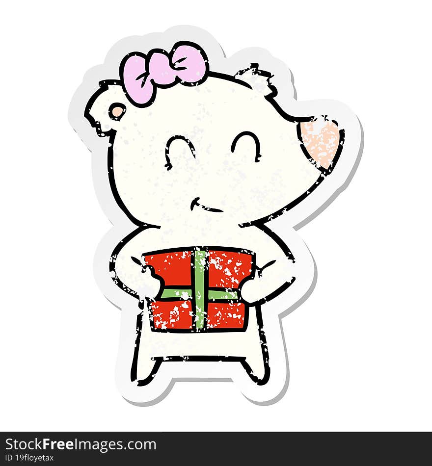 Distressed Sticker Of A Female Polar Bear With Christmas Present