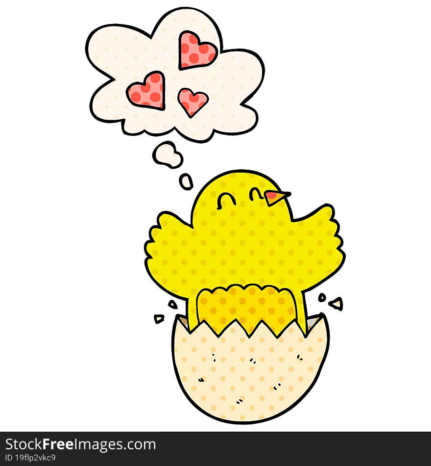 cute hatching chick cartoon and thought bubble in comic book style