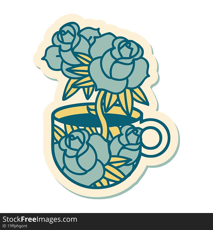 Tattoo Style Sticker Of A Cup And Flowers