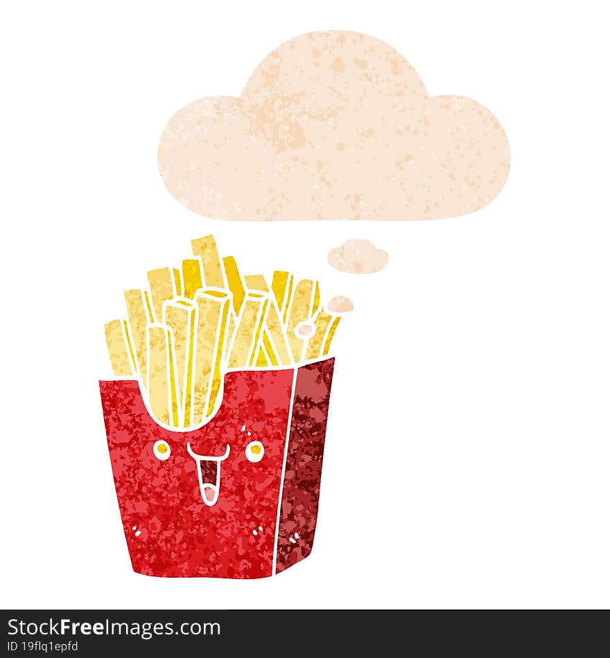 cute cartoon box of fries and thought bubble in retro textured style