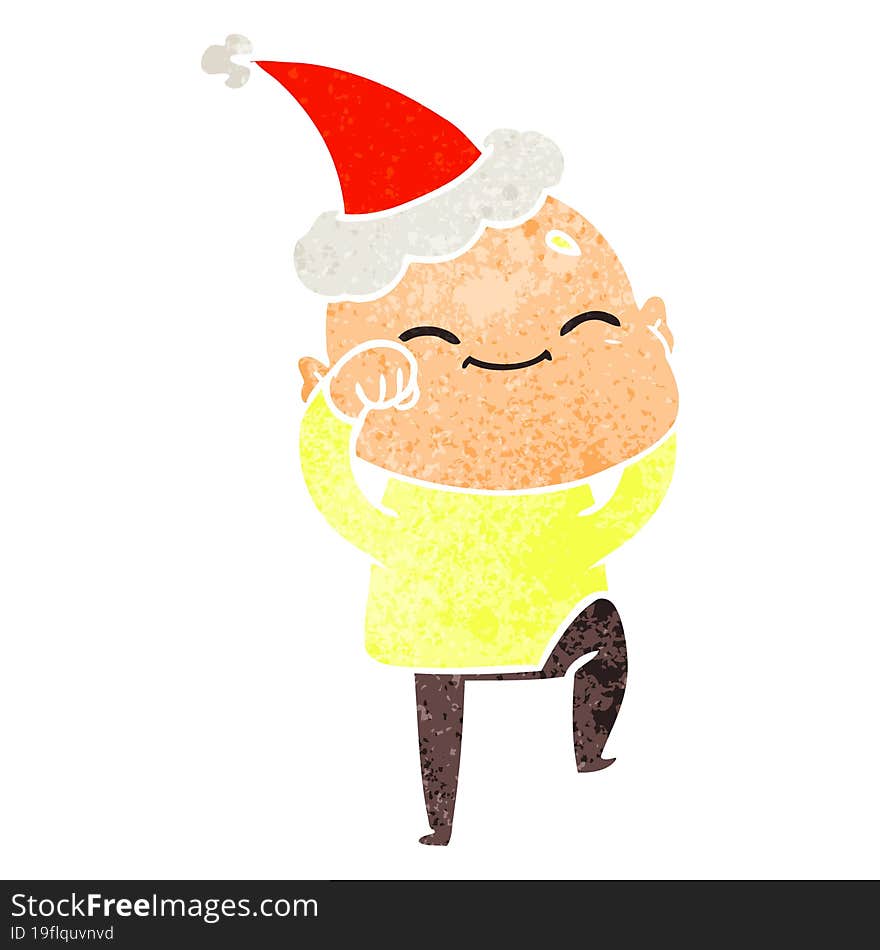 happy retro cartoon of a bald man wearing santa hat