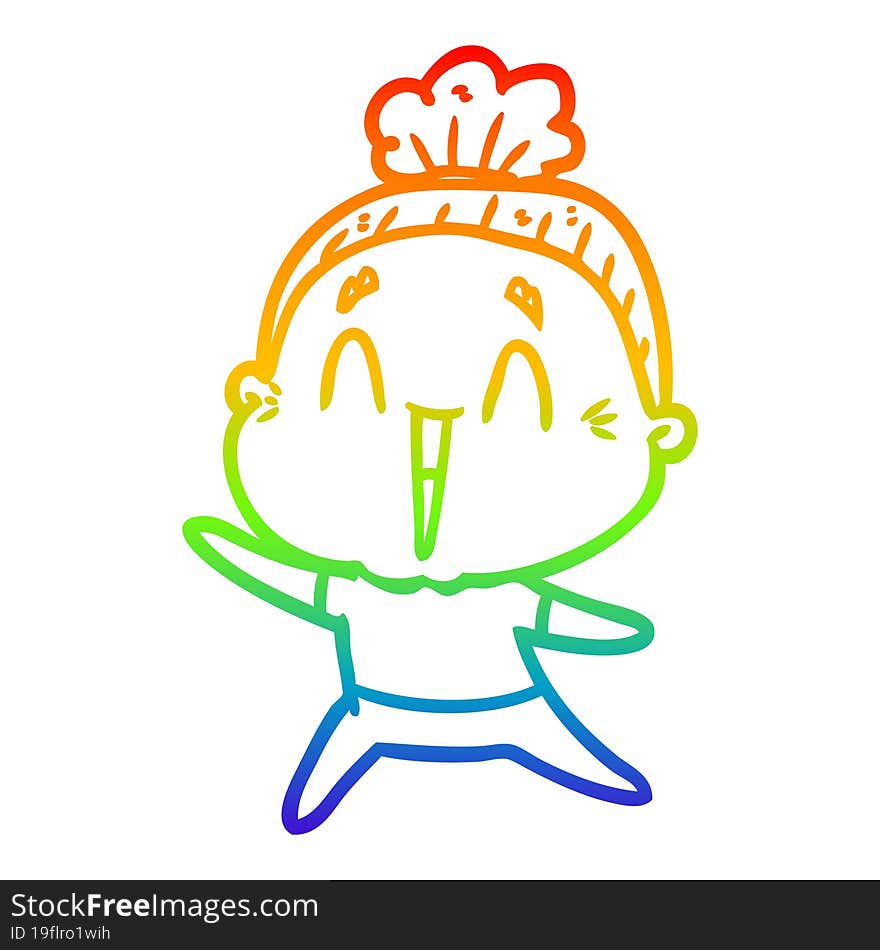 rainbow gradient line drawing of a cartoon happy old lady