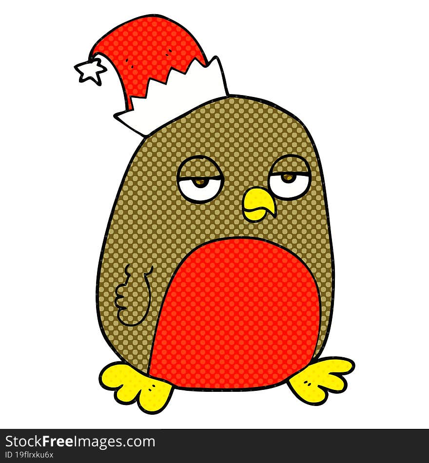 Cartoon Christmas Robin Wearing Santa Hat