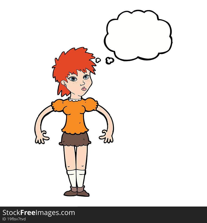 cartoon curious woman with thought bubble