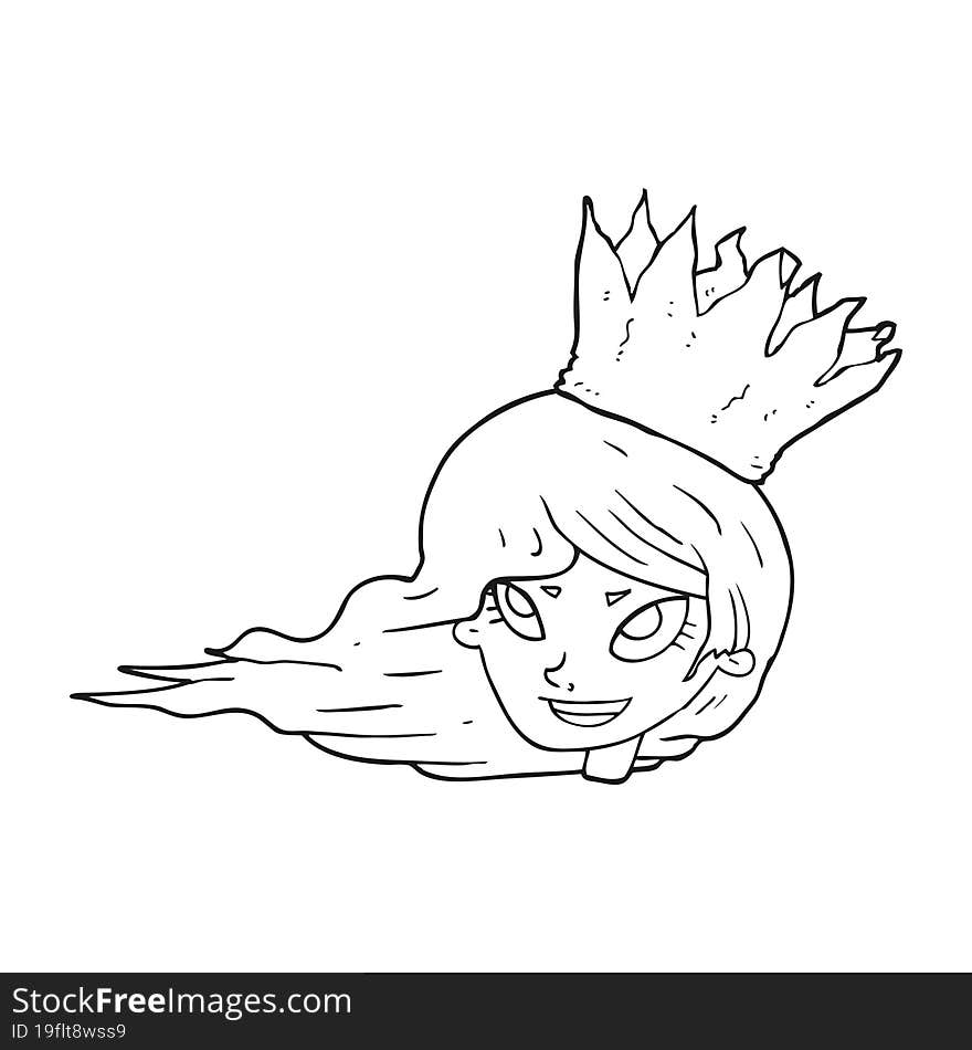 black and white cartoon woman with blowing hair