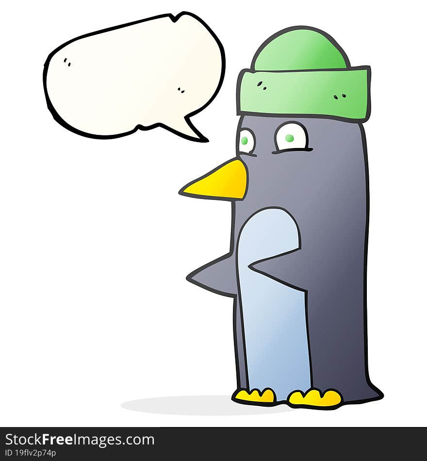 freehand drawn speech bubble cartoon penguin wearing hat