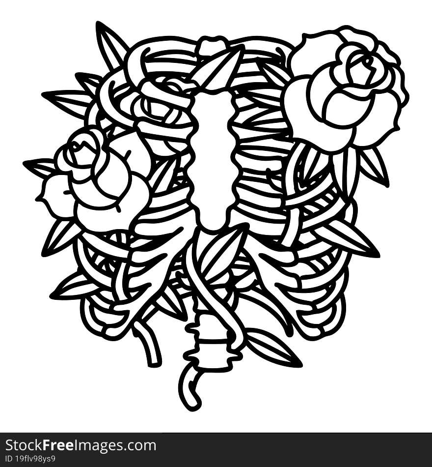 black line tattoo of a rib cage and flowers