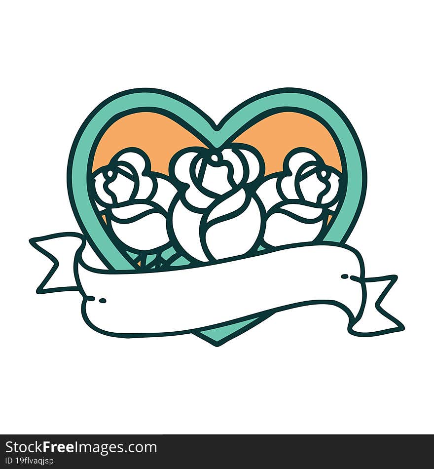 Tattoo Style Icon Of A Heart And Banner With Flowers