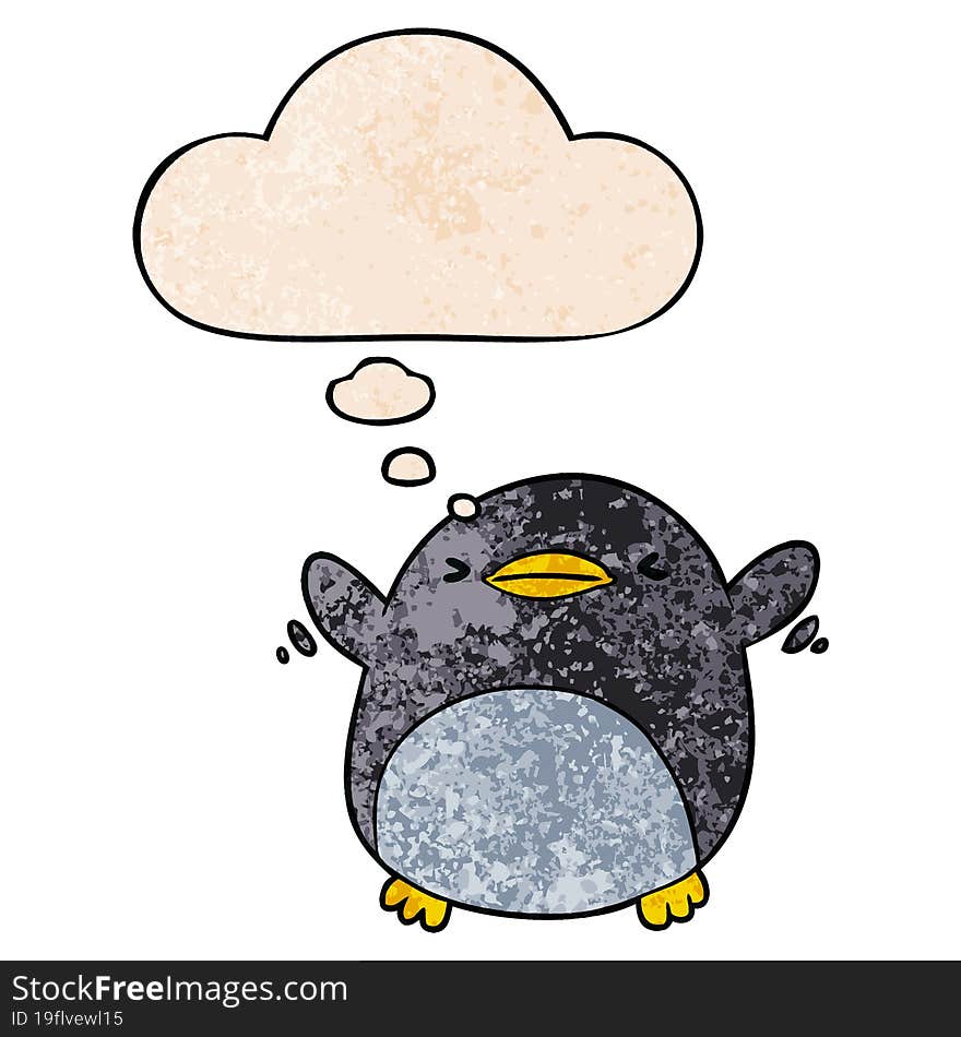 cute cartoon flapping penguin and thought bubble in grunge texture pattern style