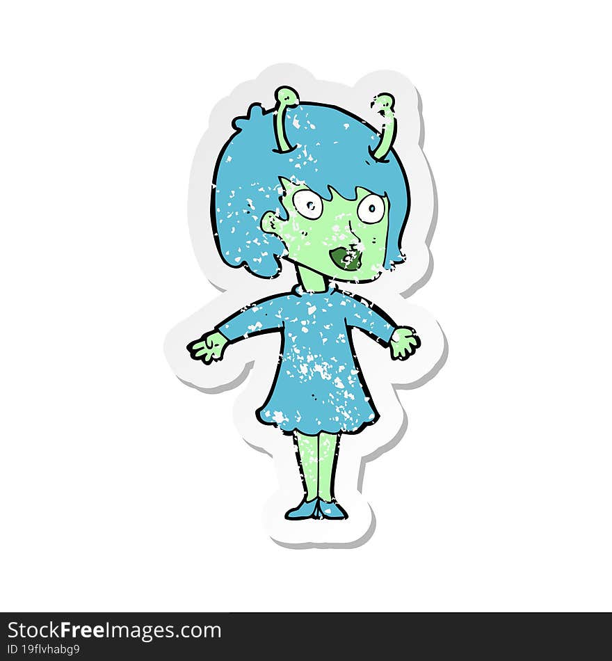 retro distressed sticker of a cartoon alien woman