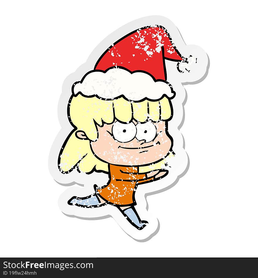 Distressed Sticker Cartoon Of A Smiling Woman Wearing Santa Hat