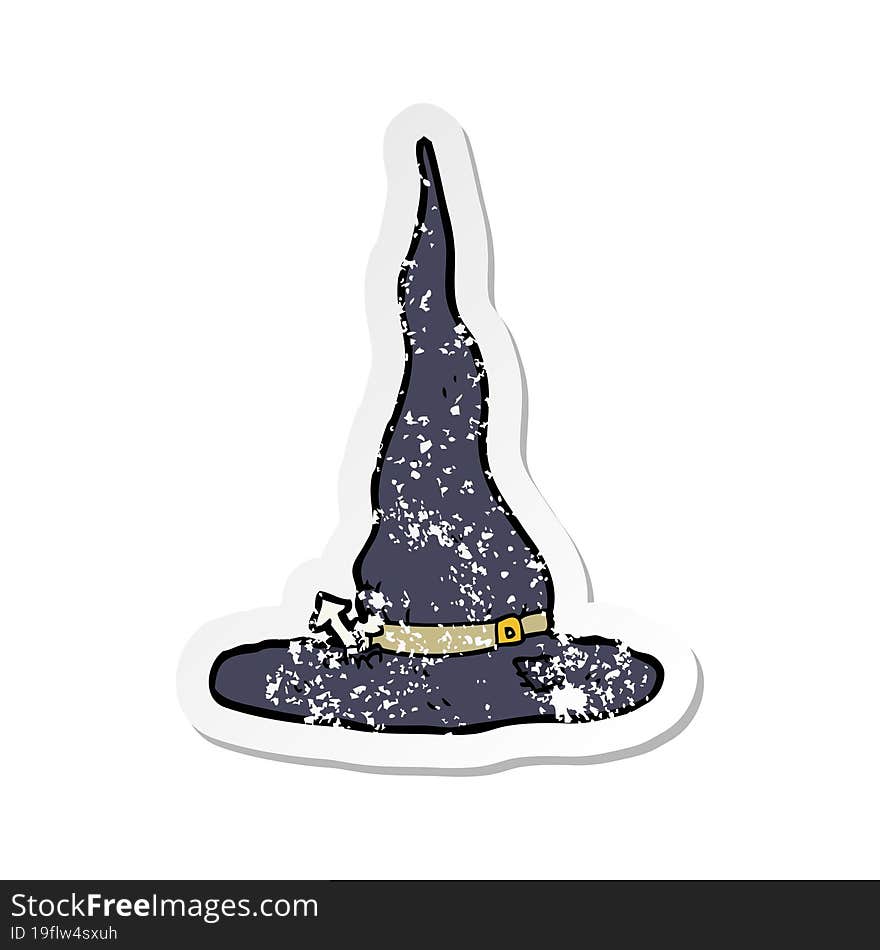 retro distressed sticker of a cartoon spooky witches hat