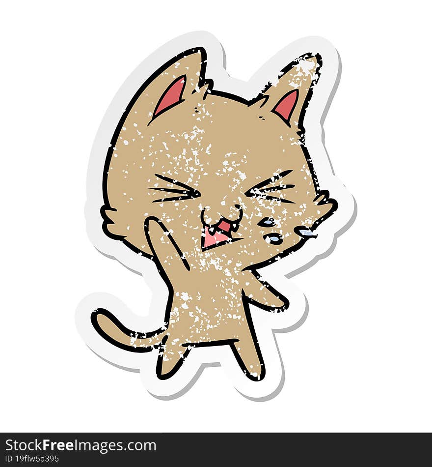 distressed sticker of a cartoon cat hissing