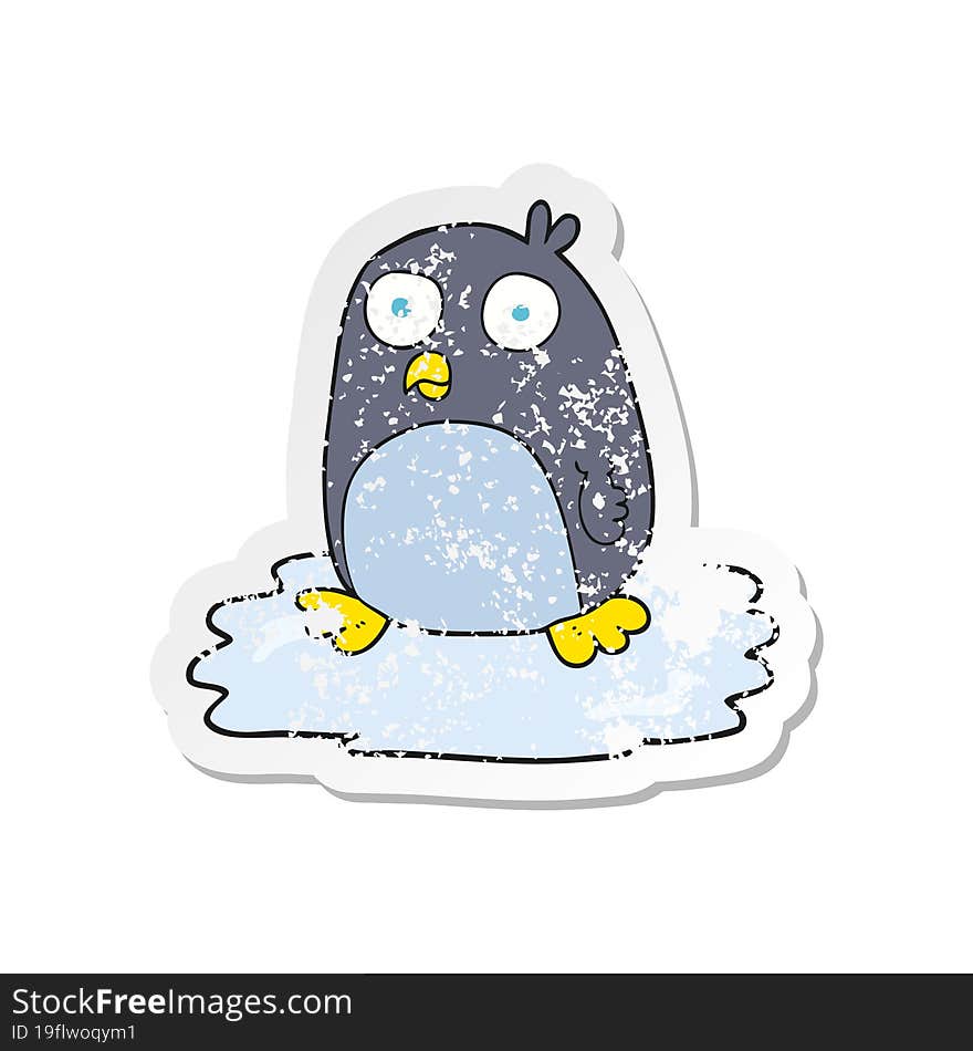 Retro Distressed Sticker Of A Cartoon Penguin On Ice