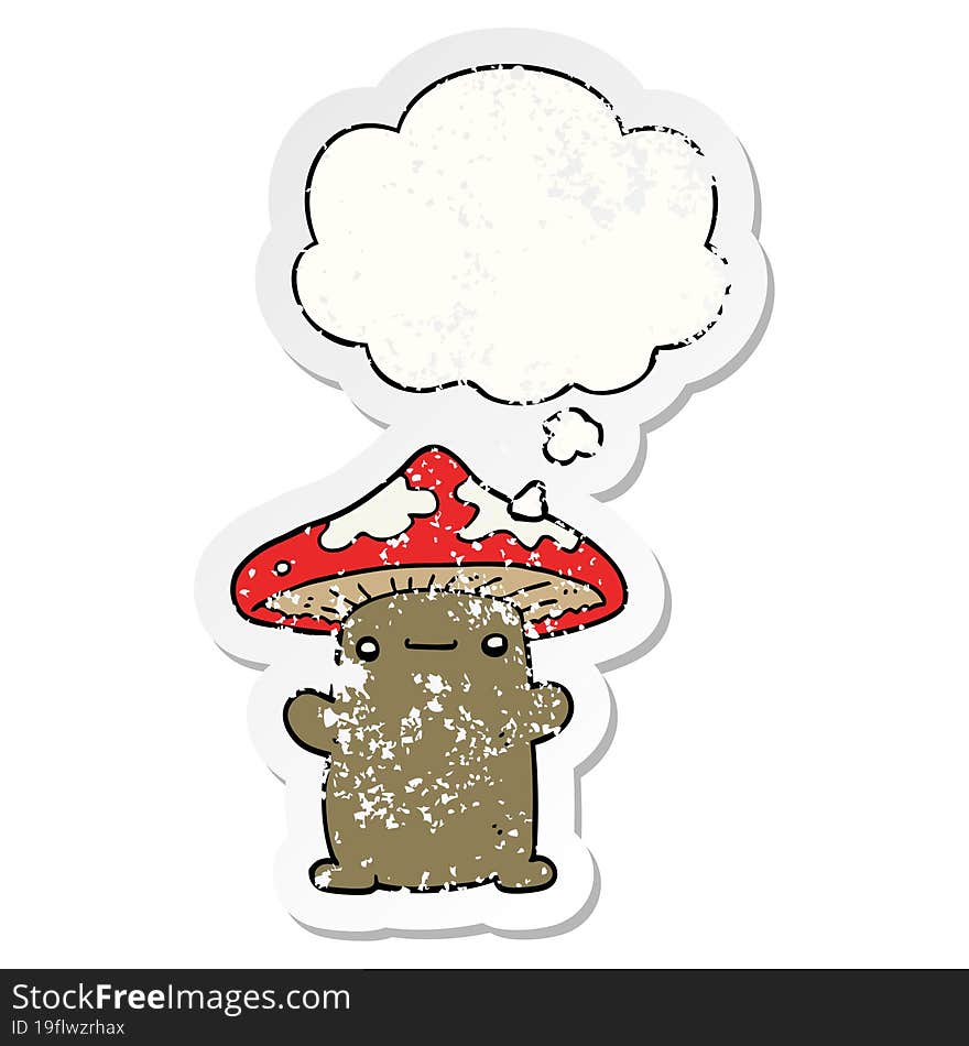 cartoon mushroom with thought bubble as a distressed worn sticker