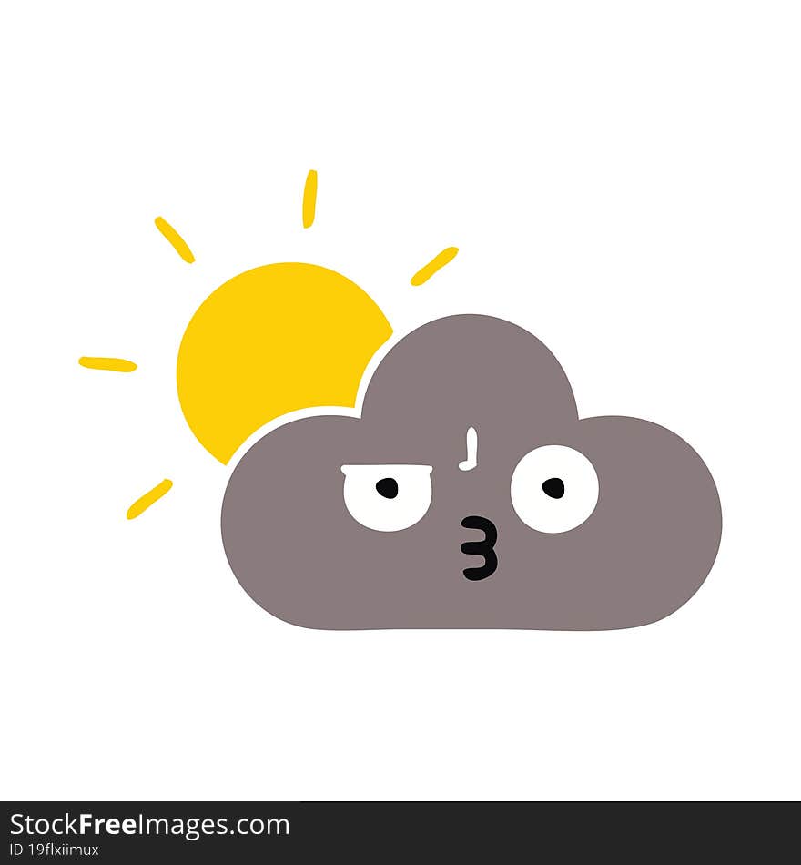 flat color retro cartoon storm cloud and sun