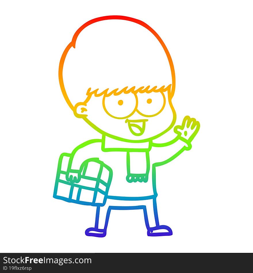 rainbow gradient line drawing of a happy cartoon boy with present