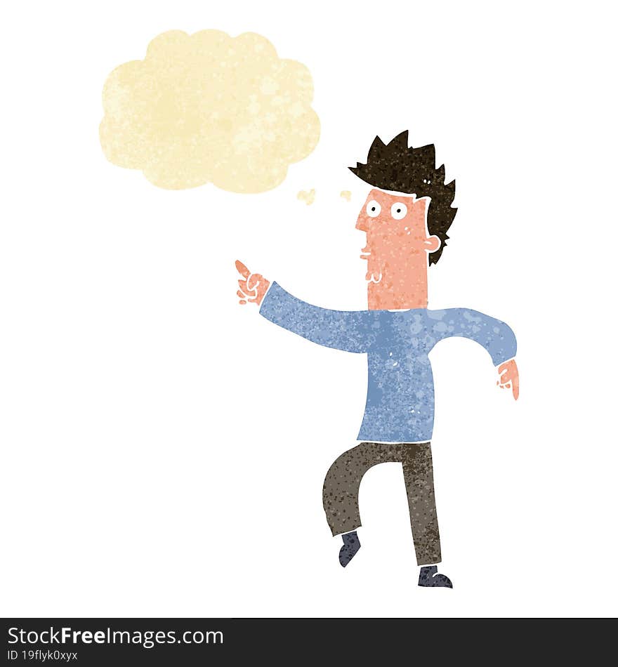 cartoon worried man pointing with thought bubble