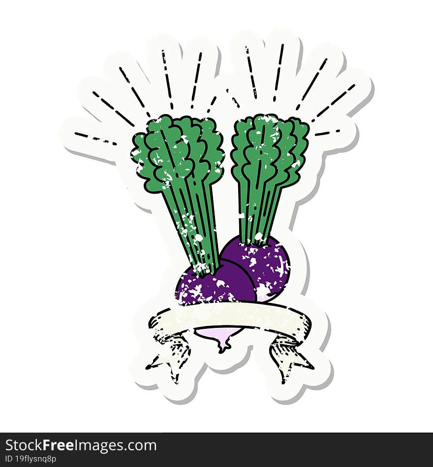 grunge sticker of tattoo style beets with leaves