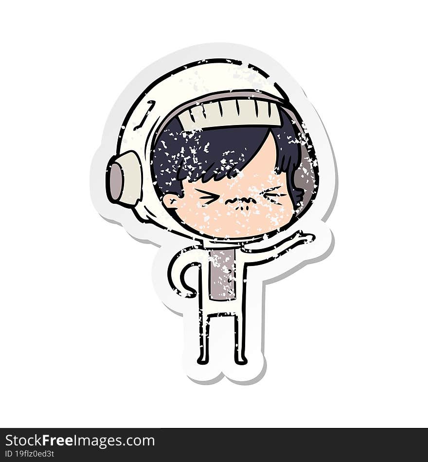 distressed sticker of a angry cartoon space girl