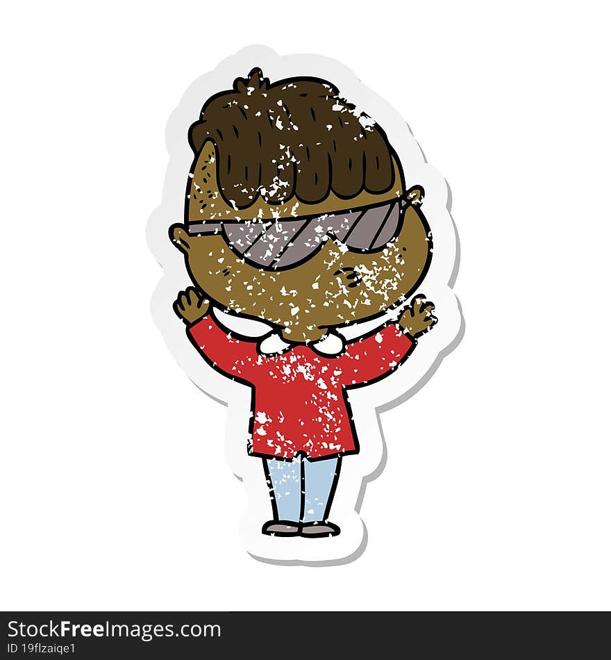 distressed sticker of a cartoon boy wearing sunglasses