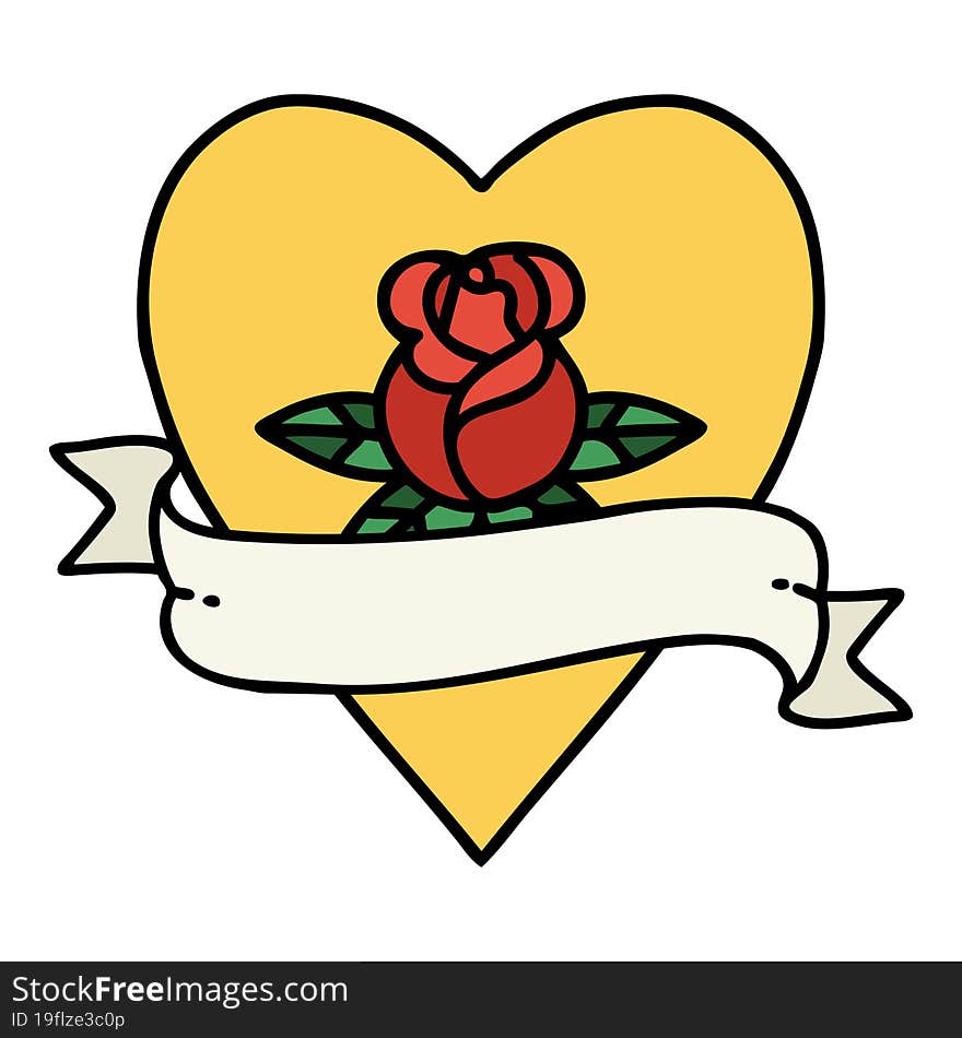 traditional tattoo of a heart rose and banner