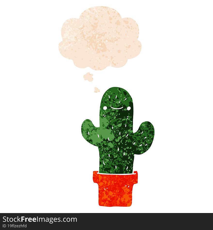 cartoon cactus and thought bubble in retro textured style