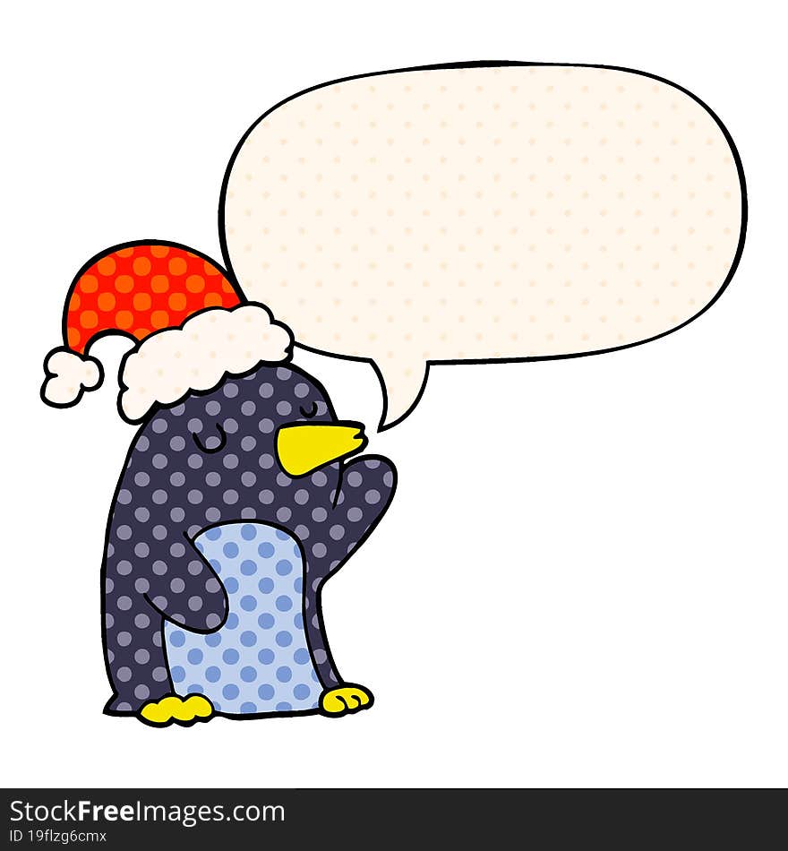 cute cartoon christmas penguin and speech bubble in comic book style