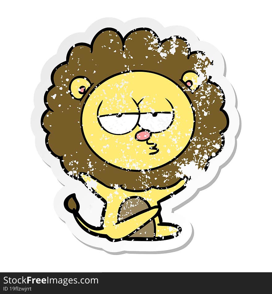 distressed sticker of a cartoon bored lion