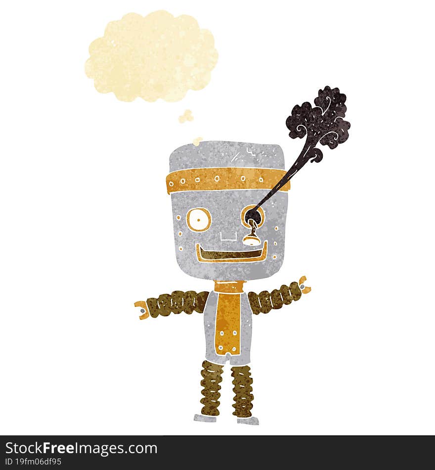 cartoon funny gold robot with thought bubble