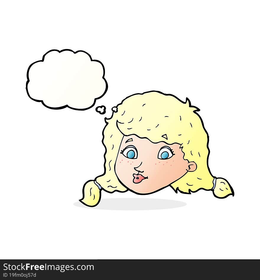 cartoon pretty female face with thought bubble