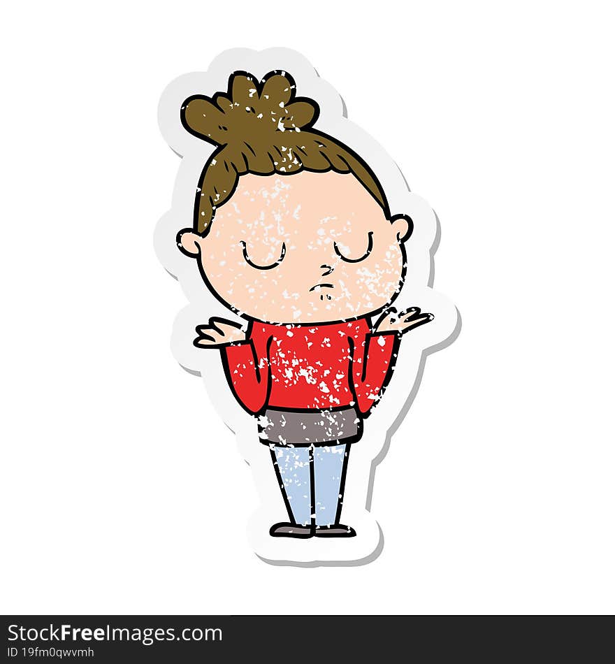 Distressed Sticker Of A Cartoon Calm Woman