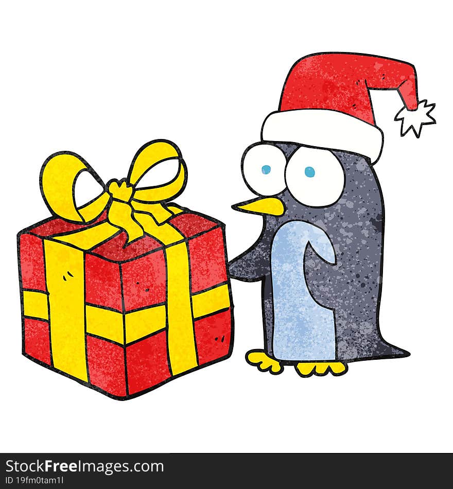 freehand drawn texture cartoon christmas penguin with present