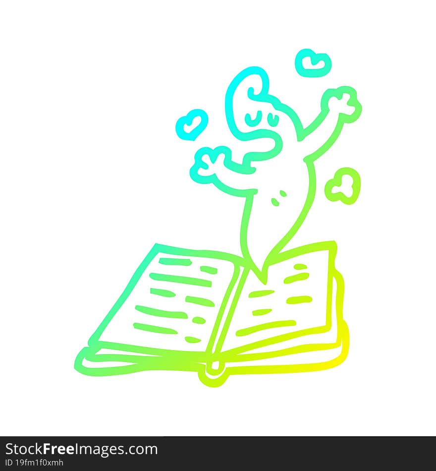 cold gradient line drawing cartoon spell book with ghost