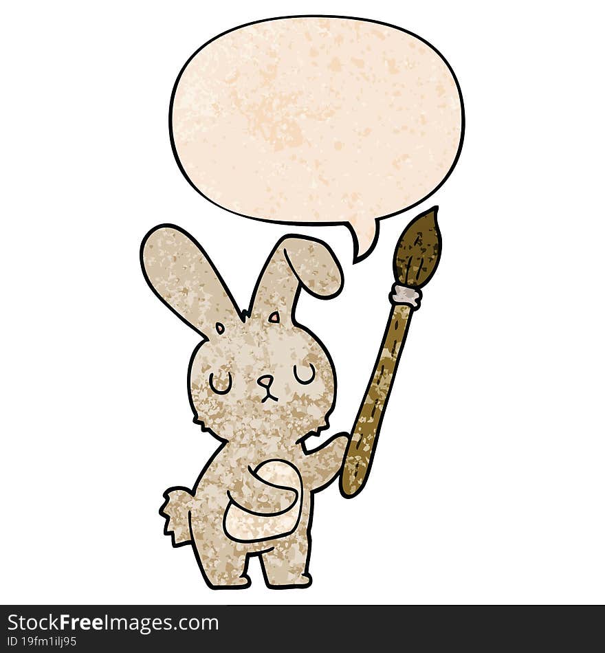 cartoon rabbit and paint brush and speech bubble in retro texture style