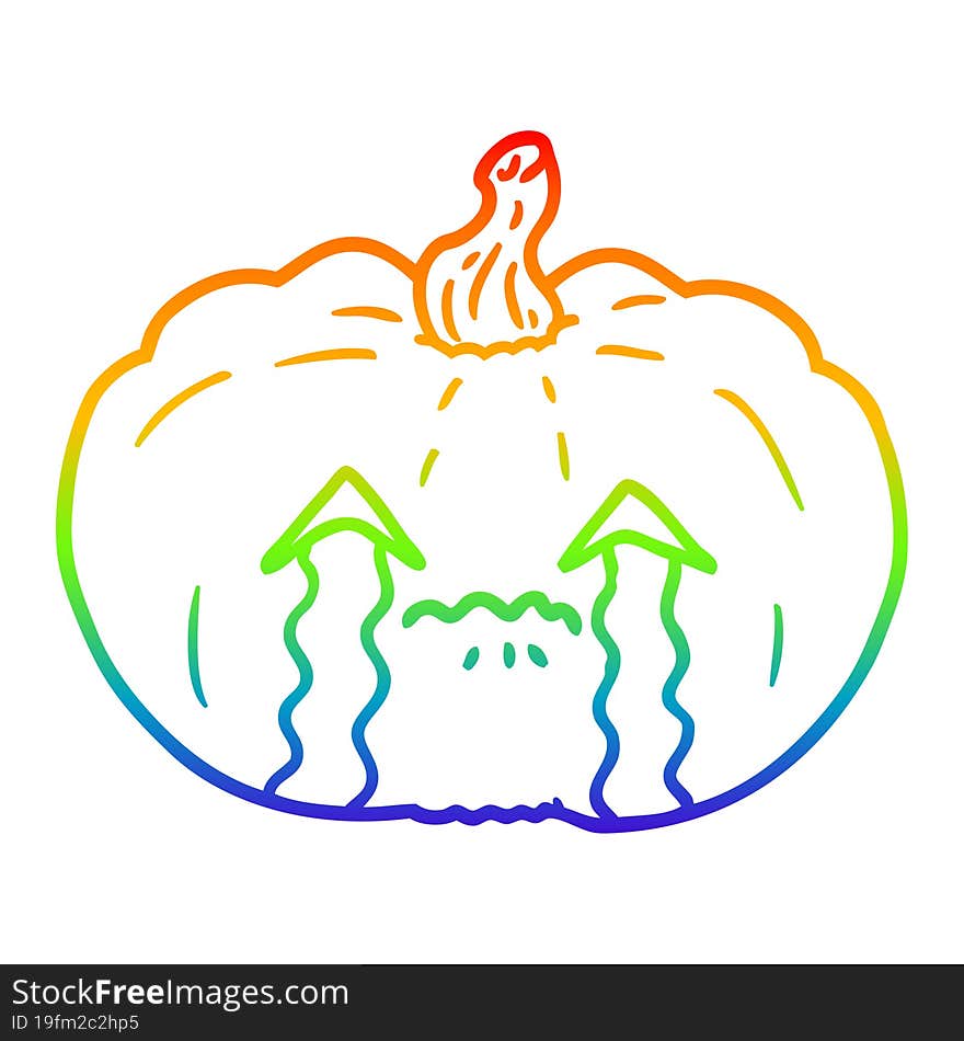 rainbow gradient line drawing of a cartoon crying halloween pumpkin