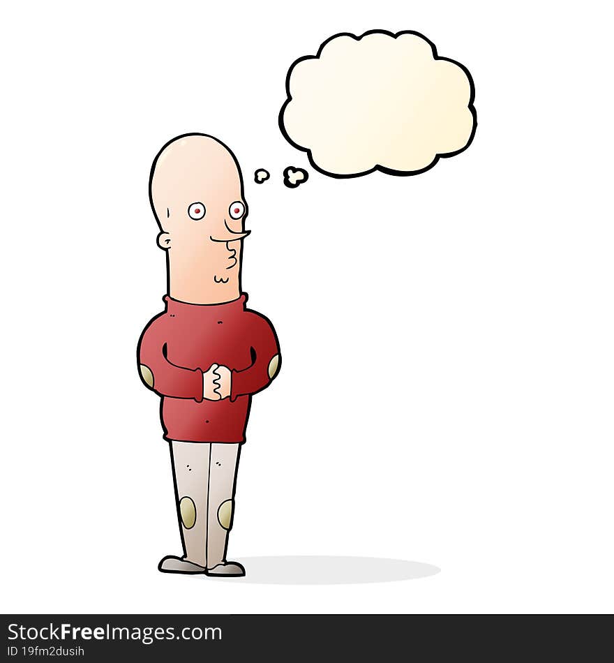 cartoon funny bald man with thought bubble