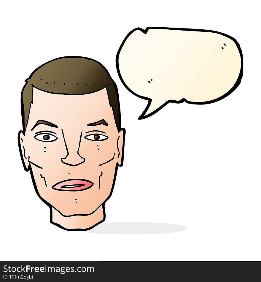 cartoon serious male face with speech bubble