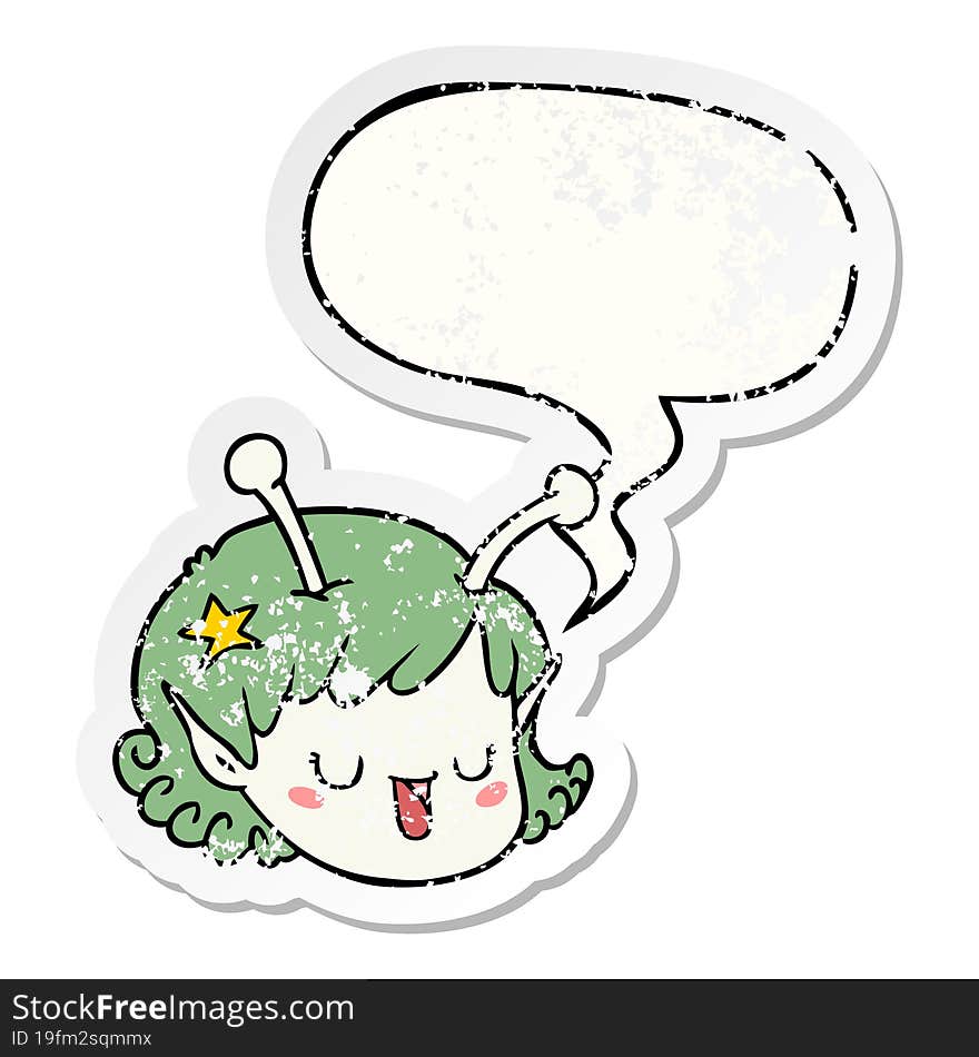 Cartoon Alien Space Girl Face And Speech Bubble Distressed Sticker