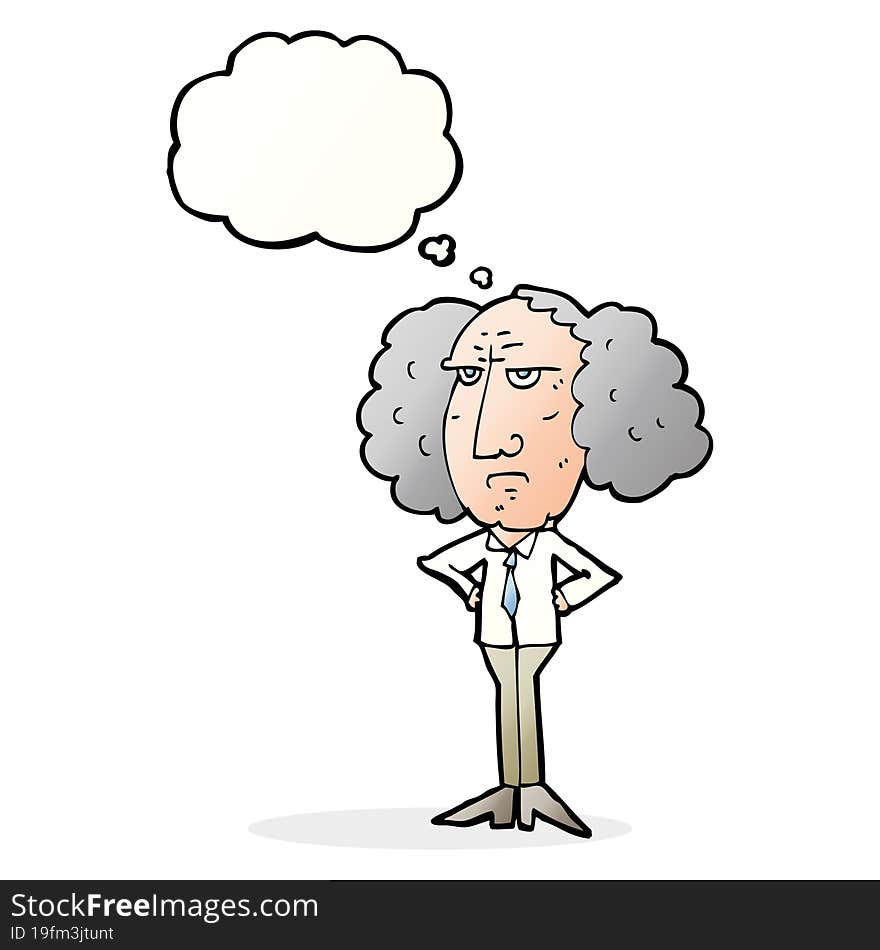 cartoon big hair lecturer man with thought bubble