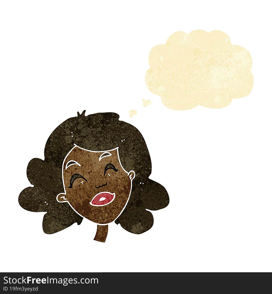 cartoon happy female face with thought bubble