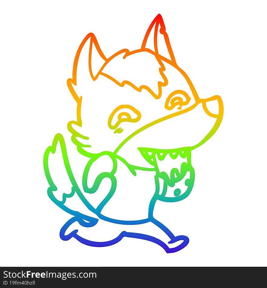 rainbow gradient line drawing of a cartoon hungry wolf